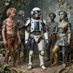solarpunk human, by david caspar friedrich and hr giger and Jean-Michel Basquiat and pablo picasso and botero