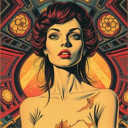 risograph grainy drawing vintage sci - fi, symetrical antagonist girl, satoshi kon color palette, looks like sigourney weaver from the movie alien, exotic ornaments around and on the background, spaceship interior, painting by moebius and satoshi kon and dirk dzimirsky close - up portrait
