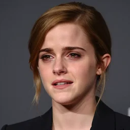 Emma Watson, tears, crying, color, headshot, close-up, studio lighting, 200mm, canon, f/22