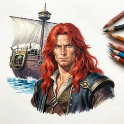 colored pencils an epic fantasy comic book style portrait painting of a long haired, red headed male sky - pirate in front of an airship, character sheet, fine details, concept design, contrast, kim jung gi, pixar and da vinci, trending on artstation, 8 k, 3 6 0 head, turnaround, front view, back view, ultra wide angle