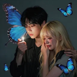 harmony of butterfly, mute, neon light language, ( black haired yoongi holding a lighter & blonde jimin crying holding yoongi's shoulder ) by wlop, james jean, victo ngai, beautifully lit, muted colors, highly detailed, fantasy art by craig mullins, thomas kinkade