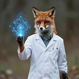 stern looking fox in a labcoat, casting a magic spell