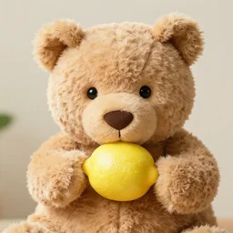 photo of a teddy bear eating a lemon