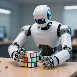 realistic photo of a robot in human form failing in build and cube game, hyperrrealistic