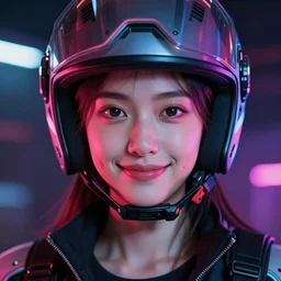 biker girl in cybernetic helmet beautiful realistic symmetrical defined face, slight smile and open eyes, anatomically correct, cyberpunk, full portrait, high detail, realistic, synthwave neon pink and blue and red and purple and black