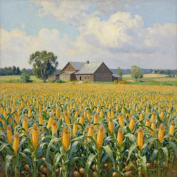 a beautiful painting of a farmhouse with acres of land filled with corn and potatoes by greg rutkowski and kalin popov, trending on artstation, masterpiece,