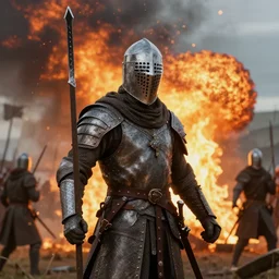 medieval war, fiery explosion, hyperdetailed, movie scene, cinematic lights, 3 d photorealistic