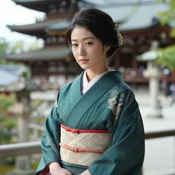 beautiful japanese woman playing a wagakki in a temple, nadescio rin, drab blue greens, dark greens, highly detailed, award winning