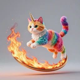 colorful cat with unicorn horn jumping through a ring a fire, very high detail, hyperrealistic, unreal engine