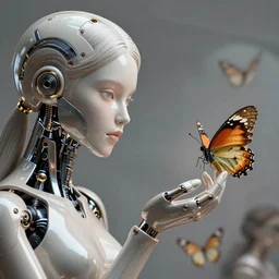 Mechanical female android looking at butterfly on their hand, cinematic lighting, intricate, elegant, super highly detailed, art station, concept art, smooth, sharp focus, no dof, extreme illustration, Unreal Engine 5, Photorealism, HD quality, 8k resolution, cinema 4d, 3D, beautiful, delicate, art by artgerm and greg rutkowski and alphonse mucha and loish and WLOP