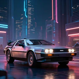 professional photo of delorean from low angle shot, cyberpunk background, blade runner, hyperrealistic masterpiece, trending on artstation, cgsociety, kodakchrome, golden ratio, cinematic, composition, beautiful lighting, hyper detailed, sharp focus, octane render, 4 k, unreal engine