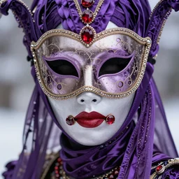 close up portrait of a mysterious humanoid, violet silk threads, venetian masks, ruby mouth gags, fashion magazine, portrait photography, annie leibovitz, david lazar, 1 0 5 mm, in winter, 8 k hd, detailed
