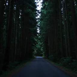 road between tall trees, dense forest, dark night, no light