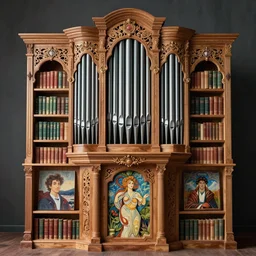 a pipe organ made of books and shelves, rococo and art nouveau, artstation, hearthstone, dnd, final fantasy, painting by brom, artgerm, greg rutkowski, ruan jia, conrad roset, mucha, bouguereau,