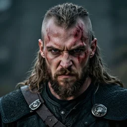 portrait of angry viking warrior looking at camera, sweat and blood on his face, small snarl, detailed photo