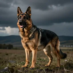 a humanoid german shepherd, he wears a gray t - shirt with blue jeans.