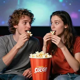 hyper realistic, two headed human eating popcorn at the cinema