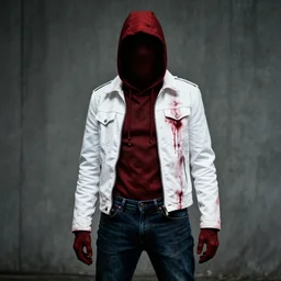 red hood cosplay, creepy, disturbing, bloody, darkness, grainy, urban, jeans, white jacket, no eyes