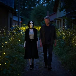 lady death and husband walking in a poor neighborhood surrounded by fireflies, cinematic lighting, wow, establishing shot