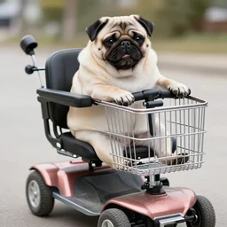 a morbidly obese pug riding a motorized shopping cart mobility scooter, high resolution photo