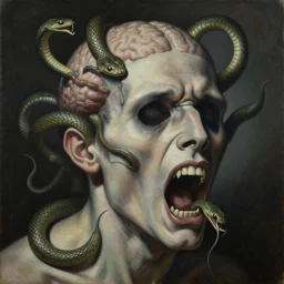 an oil on canvas painting of a screaming decapitated man's aged face with blank eye sockets and biting serpents swarming out of his exposed brain, a surrealist painting, polycount, surrealism, surrealist, lovecraftian, cosmic horror