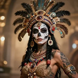 photorealistic head and shoulders photo of beautiful female ornate fantasy indian tribal aztec warrior goddess, confident, minimal black skull warpaint, tattoos, Neil Blevins, James Paick, Natasha Tan Maciej Kuciara, Frank frazetta, arney freytag, Ritu Kumar, Sabyasachi Mukherjee, Magic the gathering,octane, bokeh, 8k, fashion pose, cinematic, 28mm
