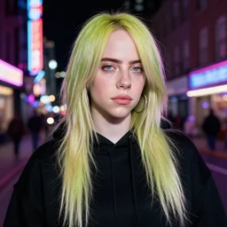 beautiful portrait of amazing billie eilish in the street, explosion of neon lights, close up, 5 0 mm lens, model photography derailed realistic