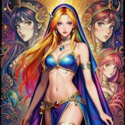 studio portrait of the neutral good rainbow colorful female cleric bard healer as absurdly beautiful, elegant, realistic young skinny european gravure idol, an ultrafine hyperdetailed illustration by kim jung gi, intricate linework, detailed faces, super sharp focus, bright colors, octopath traveler, final fantasy, unreal engine 5 highly rendered, global illumination, radiant light, detailed and intricate environment