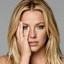 portrait of britney spears with his hand on his face, extremely realistic and real, photorealistic, blonde hair and blue eyes, detailed facial structure, real eyes that are detailed