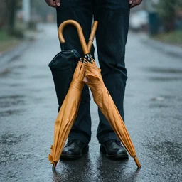 a wooden!!!!! umbrella leaning against your knee!!!!!!!!, raining, photo