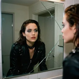 cinestill 5 0 d candid photographic portrait by quentin tarantino of a beautiful mixed feminine man wearing black techwear and light makeup looking in a broken bathroom mirror, rundown new york apartment, medium closeup, retrofuturism grunge cyberpunk emotional refraction, 3 5 mm, f / 3 2, 4 k, 8 k, hd, high resolution, ultra realistic faces