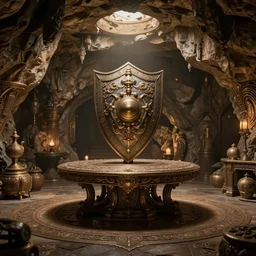 furnished cave room, ornate shield repurposed as table, exquisite, volumetric lighting, 8 k octane beautifully detailed render, post - processing, extremely hyper - detailed, intricate, epic composition, cinematic lighting, masterpiece, trending on artstation, stunning art by anders zorn, by frazetta, beautiful cinematic light