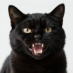 a picture of an angry black fuzzy cat with big sharp teeth and yellow eyes, its mouth is open, sitting by a pool on a sunny day