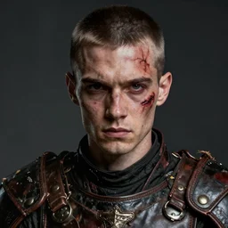 portrait painting of a bitter young man with severe burn scars on his right cheek and poorly cut very short hair wearing tattered leather armor, ultra realistic, concept art, intricate details, eerie, highly detailed, photorealistic, octane render, 8 k, unreal engine. art by artgerm and greg rutkowski and charlie bowater and magali villeneuve and alphonse mucha