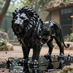 the black lioness made of ferrofluid, in the zoo exhibit, viscous, sticky, full of black goo, covered with black goo, splattered black goo, dripping black goo, dripping goo, splattered goo, sticky black goo. photography, dslr, reflections, black goo, zoo, exhibit, v - ray, 3 d render, 8 k resolution, hyperreal