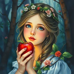 highly detailed watercolor, beautiful girl with a magic apple, in the forest, nostalgia for a fairytale, magic realism, vivid colors, by charles vess, anato finnstark, cinematic lighting, beautiful face by leyendecker