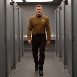 8k movie highly detailed still of Chancellor Gowron, son of M'Rel (Star Trek: The Next Generation) walking into a 21st Century public restroom for the first time