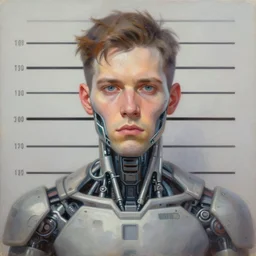 illustration of an male cyberpunk character wearing bionic implants, criminal mugshot, gritty, gritty, highly detailed, oil on canvas, soft lighting, muted, pastel colors, by WLOP and Greg Staples, HD, 4K
