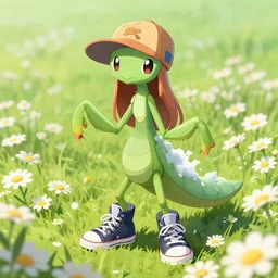 anthropomorphic lurantis pokemon girl like a mantis in a floe standing in a field of daisies wearing converse shoes and a davey crockett hat, digital illustration by ruan jia on artstation