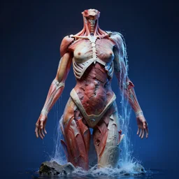 3 d photographic render of a deconstructed asymmetric human anatomical correct human body, in hoc signo vinces, waterfall, in the style of leonora carrington, gottfried helnwein, intricate composition, blue light by caravaggio, insanely quality, highly detailed, masterpiece, red light, artstation