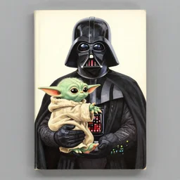 a romance novel cover from 1 9 8 3, paperback, drawing, darth vader holding yoda on the cover, romantic