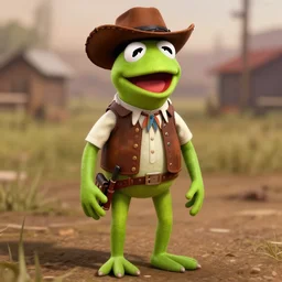 Screenshot of Kermit the Frog as a 3d cowboy in full cowboy attire in the videogame 'Red Dead Redemption 2'. Sharpened. 1080p. High-res. Ultra graphical settings.