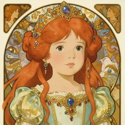 well - lit art nouveau portrait of a 1 3 - year old girl who resembles sadie sink with red hair as a princess with intricate, ornate jewelry, natural lighting, path traced, highly detailed, high quality, cartoon, digital painting, by don bluth and ross tran and studio ghibli and alphonse mucha