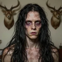 portrait of a 6 0 year old giant man zombie with long tattered tangles of thinning black hair, eerie glowing eyes, wall hanging trophy taxidermy, hyper realistic head, fantasy art, in the style of greg rutkowski, zdizslaw beksinski, intricate, alphonse mucha, hyper detailed, smooth