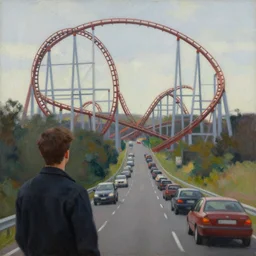 watching traffic on a road that does loop - de - loops like a rollercoaster, a john brack painting
