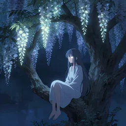 Young Himalayan woman sitting in a large tree, glowing wisteria, night time scene, somber white eyes, long ashy hair, gentle lighting, futuristic, dim lighting, digital art by Makoto Shinkai ilya kuvshinov and Wojtek Fus, digital art, concept art,