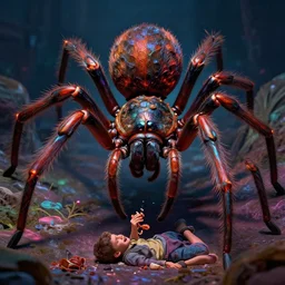 photorealistic gigantic spider eating someone in the style of michael whelan and gustave dore. hyperdetailed photorealism, 1 0 8 megapixels, amazing depth, glowing rich colors, powerful imagery, psychedelic overtones, 3 d finalrender, 3 d shading, cinematic lighting, artstation concept art