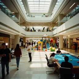 a weird place full of people but now empty with eerie feeling, disposable colored camera, camera flash, house, mall, hallway, playground, office, pool, interior, room, full of things, unusual place, unsettling, kids place