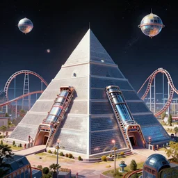 pyramid, rollercoaster, retrofuturism, in space