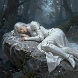 wide angle, knight, sleeping on rock, white grey blue color palette, eyes closed, forest, female, d & d, fantasy, intricate, elegant, highly detailed, long silver hair, digital painting, artstation, octane render, concept art, matte, sharp focus, illustration, hearthstone, art by artgerm, alphonse mucha johannes voss
